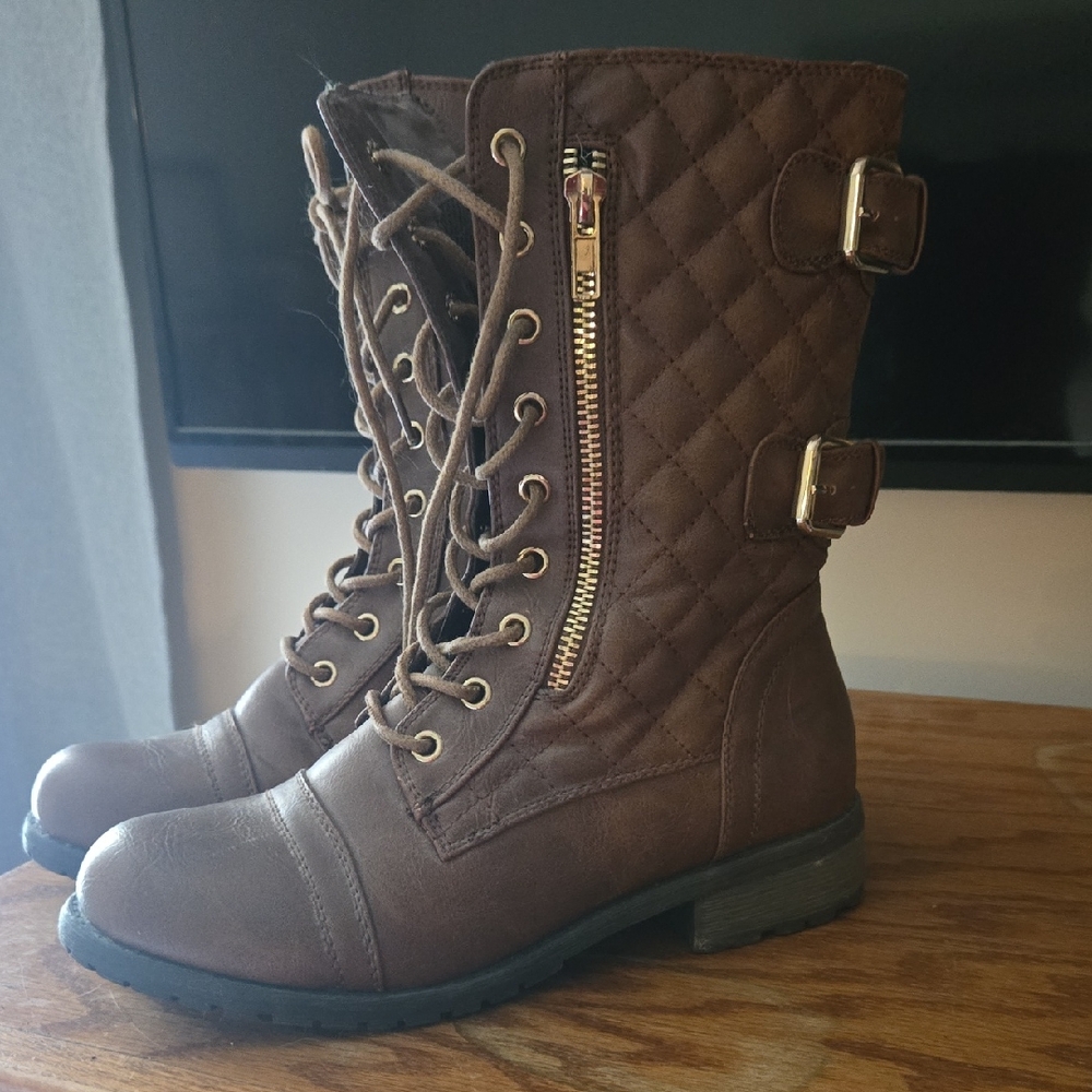 Quilted Lace-Up Combat Boots - Brown